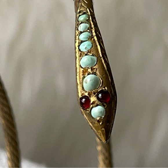 Vintage Coiled Gilt Egyptian Revival Silver Snake Bangle Turquoise Garnet Eyes - Picture 6 of 17